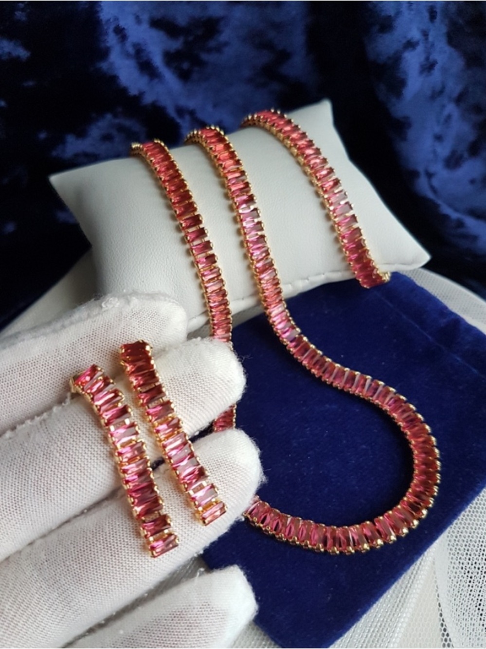 Swarovski Elements Gold Dark Pink Emerald-cut Baguette Tennis Bracelet NEW - Picture 7 of 9
